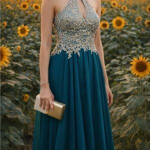 Dave & Johnny Teal Gown with Gold Accents
